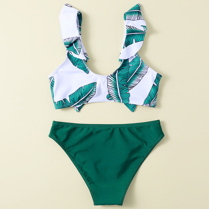 Wholesale Leaf Printed Children's Bikini Ruffled Swimwear